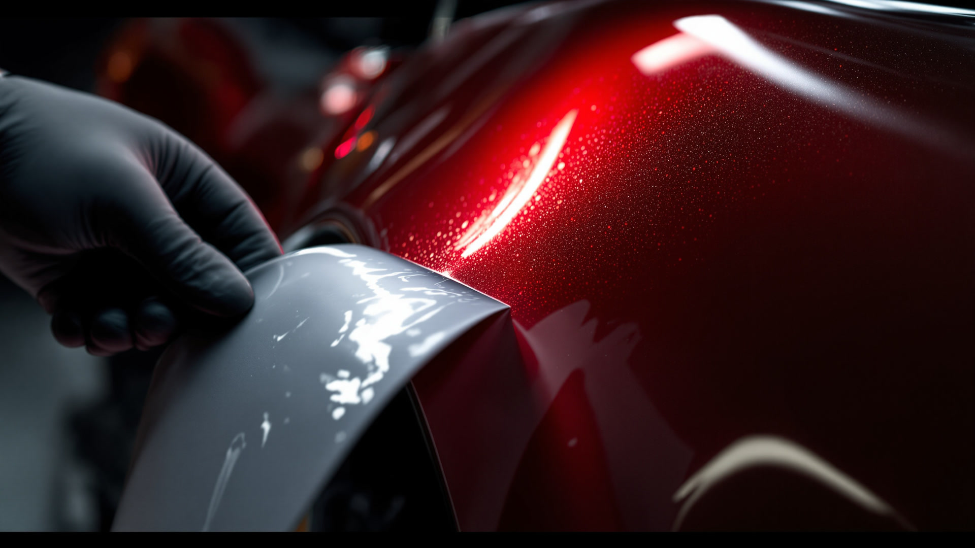 Vinyl film lifted from a panel revealing a candy-red metallic finish